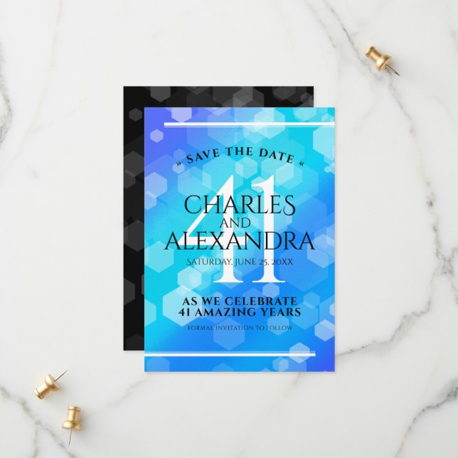 Save The Date Élégant 41ème anniversaire Mariage de Topaz Bleu E (Devant/Arrière en situation)