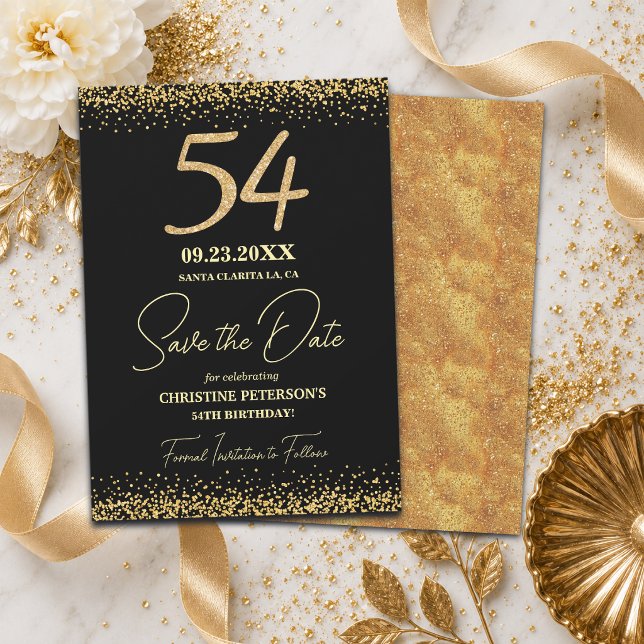 Save The Date Élégant 54e Anniversaire Noir Paillettes Or (Créateur téléchargé)