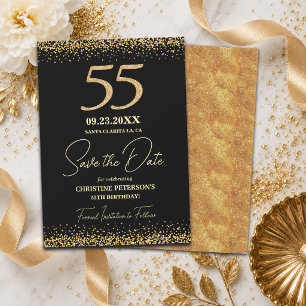 Save The Date Elégant 55ème Anniversaire Noir Paillettes Dorées