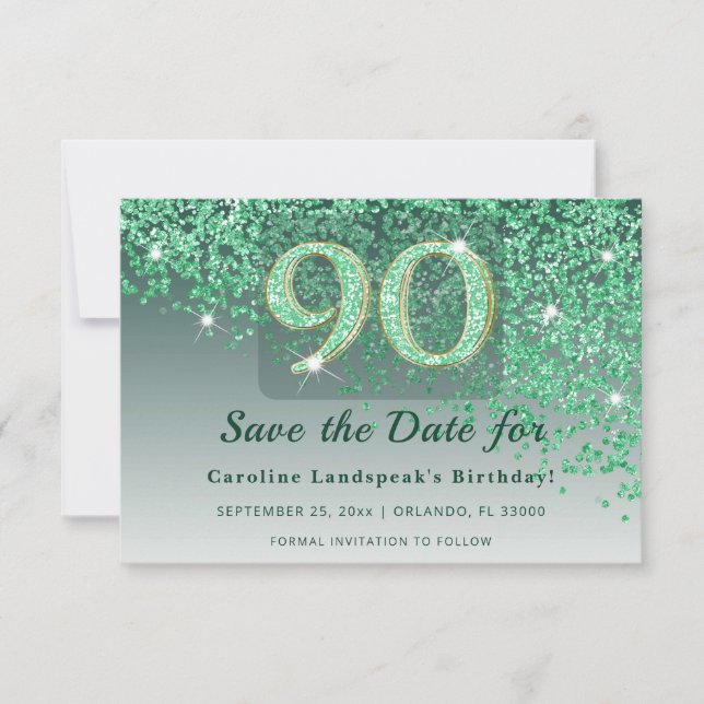 Save The Date Elegant 90th Birthday Green Glitter Frosted (Devant)