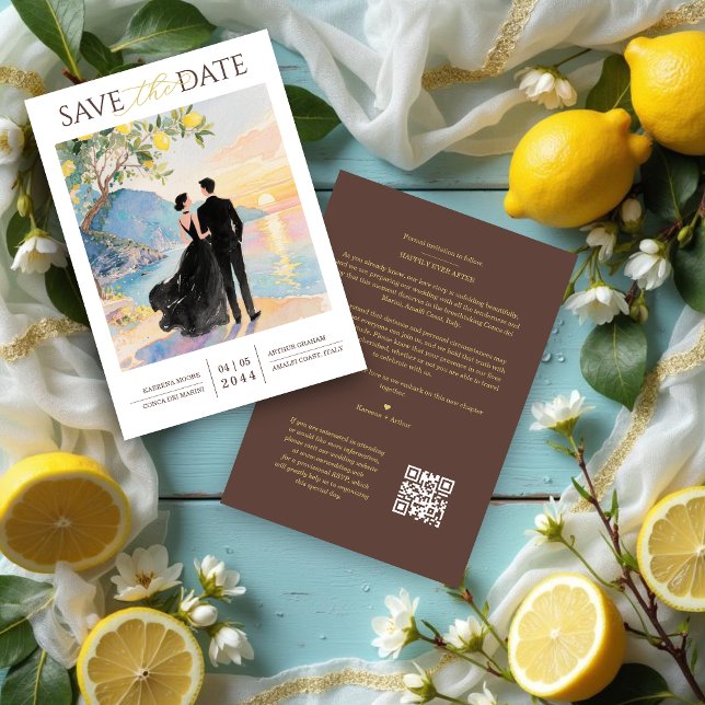 Save The Date Elegant Amalfi Coast Lemon Tree Wedding Couple (Elegant Amalfi Coast Lemon Tree Chic Wedding Couple Save the Date Cards with Back QR Code.)