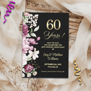 Save The Date Élégant Anniversaire de Mariage Fleurs Or 60 Ans