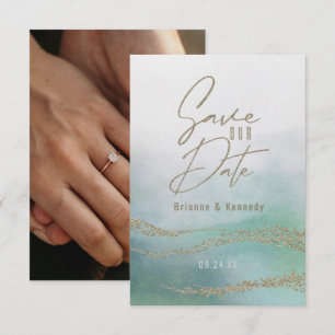 Save The Date Élégant aquarelle aqua océan & or Date de sauvegar