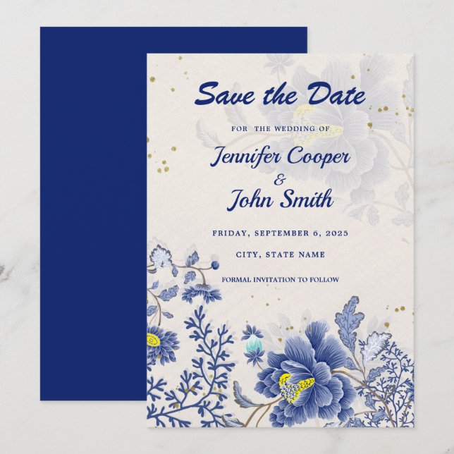 Save The Date Elégant Aquarelle Bleu Floral Mariage (Devant / Derrière)