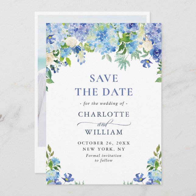 Save The Date Elégant aquarelle bleu Hydrangea Mariage PHOTO (Devant / Derrière)