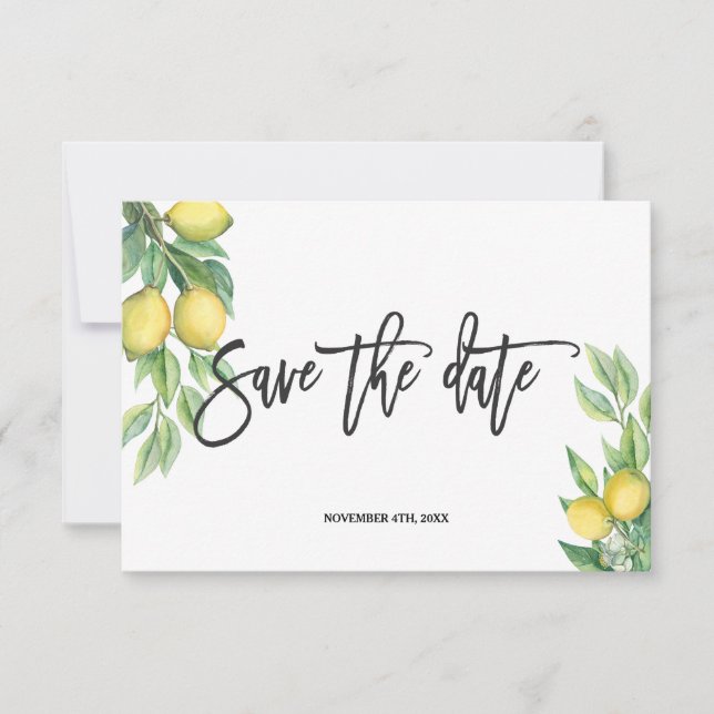 Save The Date Elégant Aquarelle Citron Mariage tropical (Devant)
