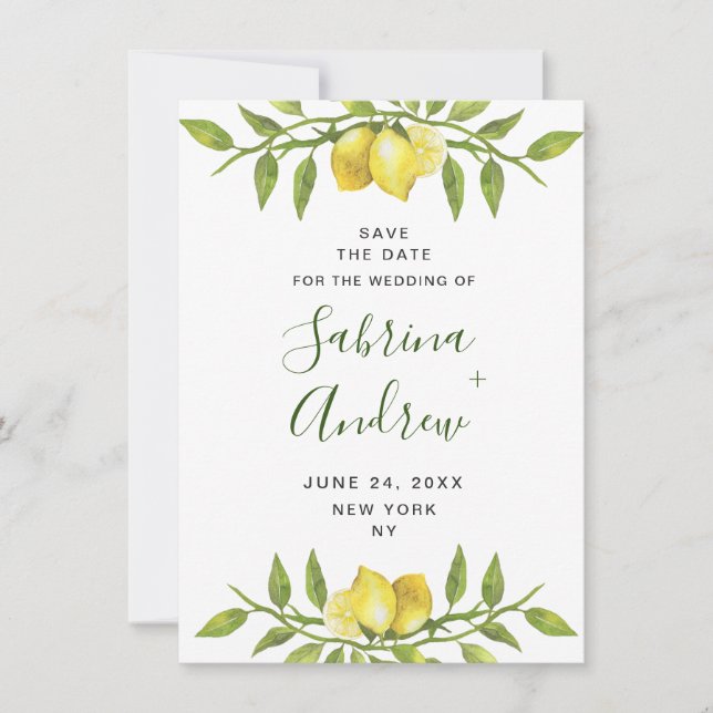 Save The Date Élégant aquarelle citrons verdure mariage (Devant)
