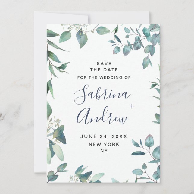 Save The Date Elégant Aquarelle Eucalyptus Mariage Floral (Devant)