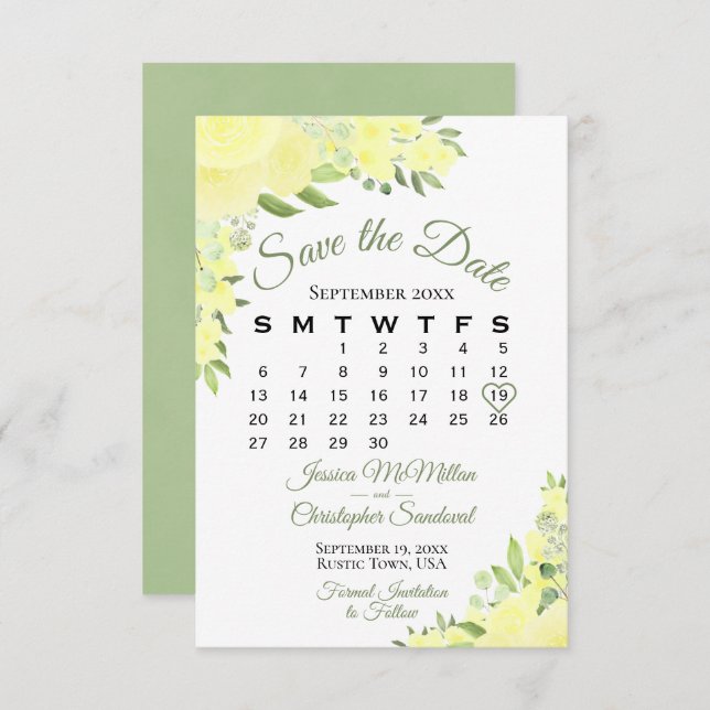 Save The Date Elégant Aquarelle Jaune Calendrier Mariage Floral (Devant / Derrière)