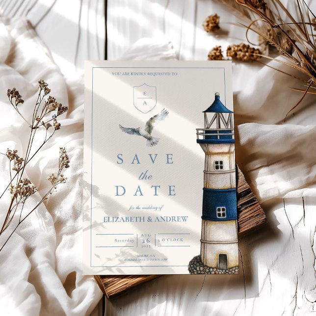 Save The Date Elégant aquarelle Mariage phare nautique (Créateur téléchargé)