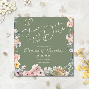 Save The Date Elégant Aquarelle Sage Vert Fleur sauvage Mariage