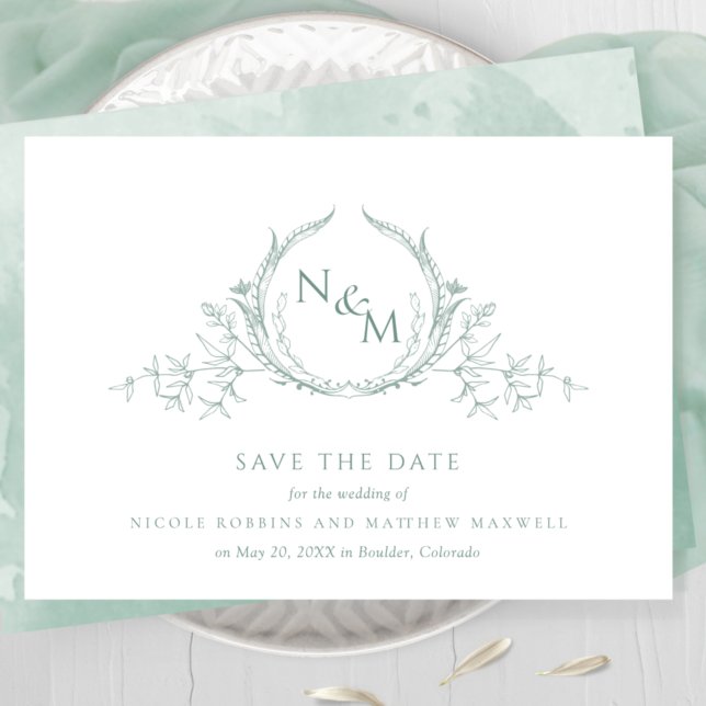 Save The Date Élégant aquarelle vert pâle Monogramme (Créateur téléchargé)