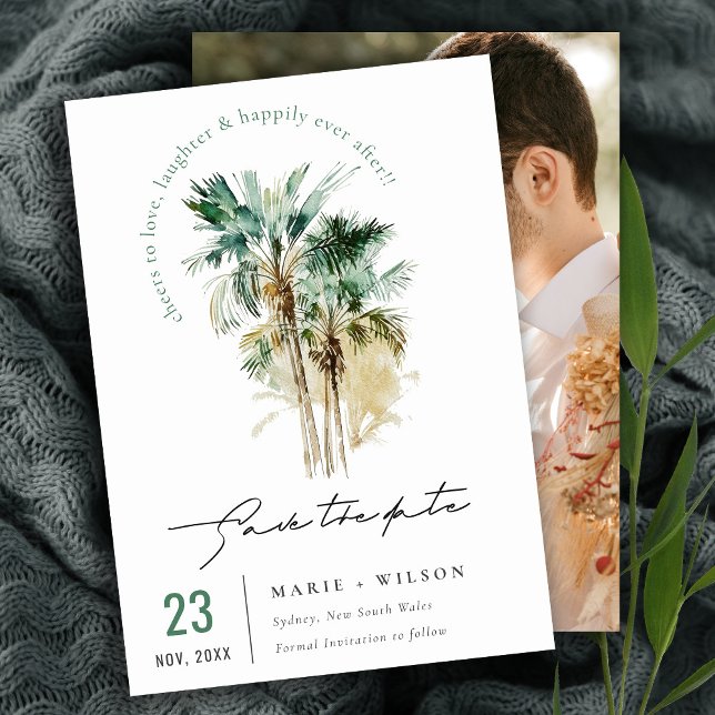 Save The Date Élégant Arbre à Palmes Script Photo Aquarelle Trop (Créateur téléchargé)