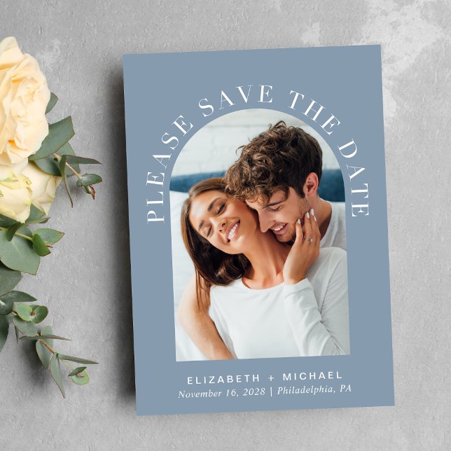Save The Date Elégant Arc Photo Dusty Blue (Celebrate your love story with a save the date showcasing your photo in an elegant arch frame)