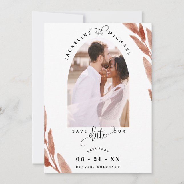 Save The Date Élégant Arc photo et Mariage Feuille en terre cuit (Devant)