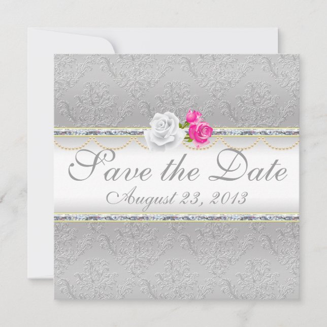 Save The Date Elégant Argent Damas et Rose Sauvez la date (Devant)