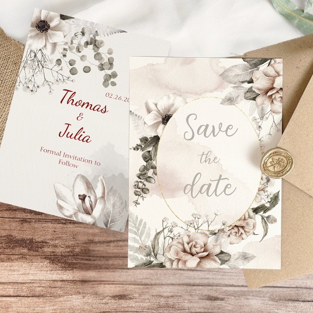 Save The Date Élégant argent et blanc floral (Elegant Silver & White Floral Save The Date)