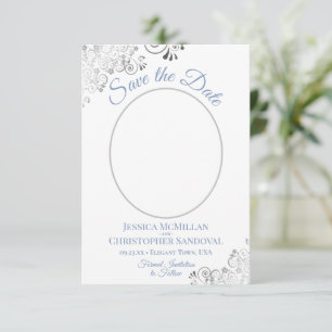 Save The Date Elégant argent et bleu sur Mariage photo blanc