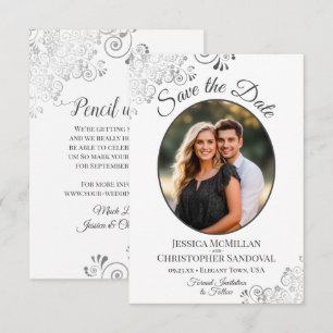 Save The Date Élégant Argent et Gris sur Photo de Mariage Ovale 