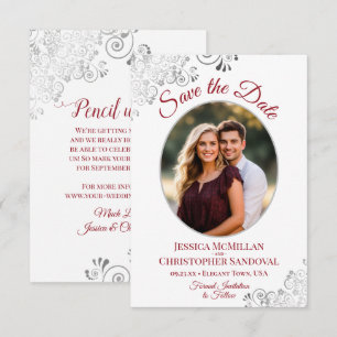 Save The Date Élégant Argent et Rouge sur Mariage de Photo Ovale