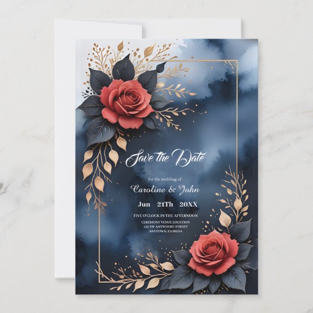 Save The Date Élégant arrangement rose avec feuillage doré (Devant)