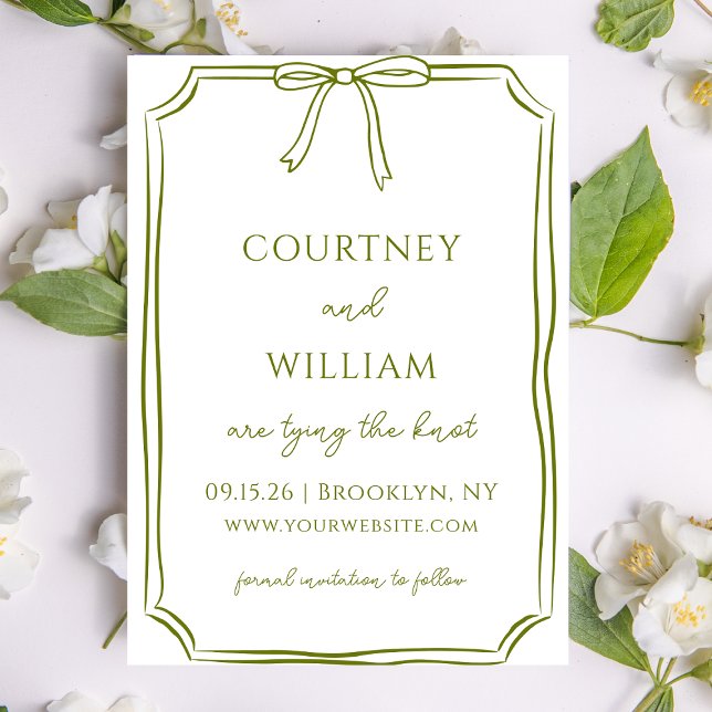 Save The Date Élégant Attache à la main du noeud Bow Olive Green (Customize this minimalist olive green invitation, ideal for classic weddings with a natural touch.)