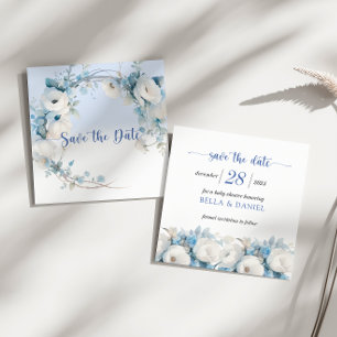 Save The Date Elégant Baby shower Floral bleu Dusty