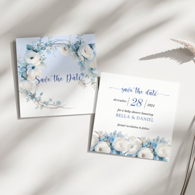 Save The Date Elégant Baby shower Floral bleu Dusty (Elegant Dusty Blue Floral Baby Shower Save The Date)