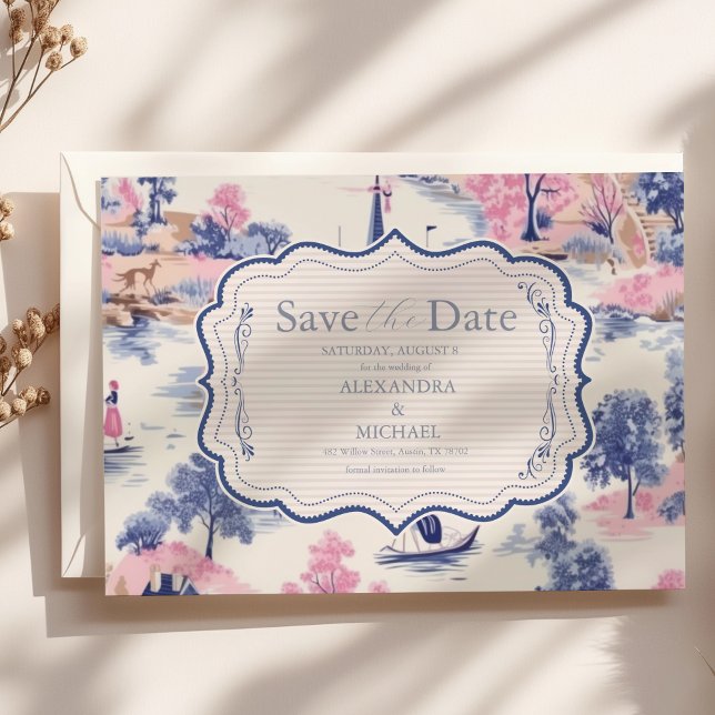 Save The Date Elégant Baroque Bleu Jardin Français Floral Mariag (Créateur téléchargé)