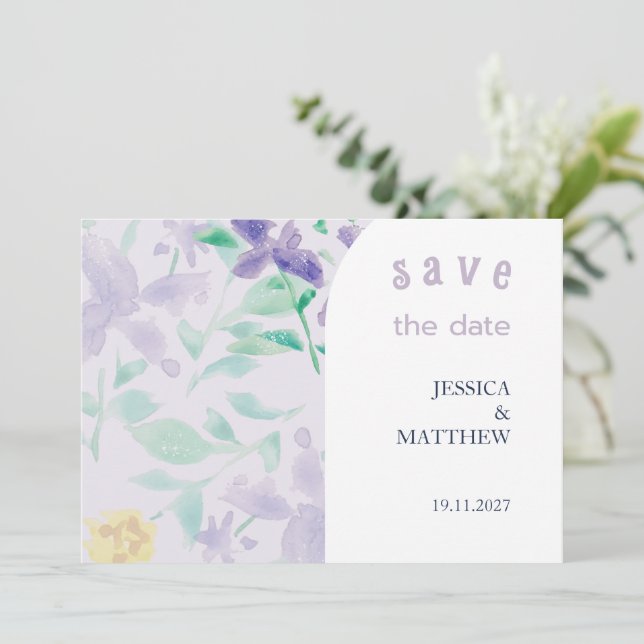 Save The Date Élégant Beau Bohème Mariage Floral Lilas (Debout devant)
