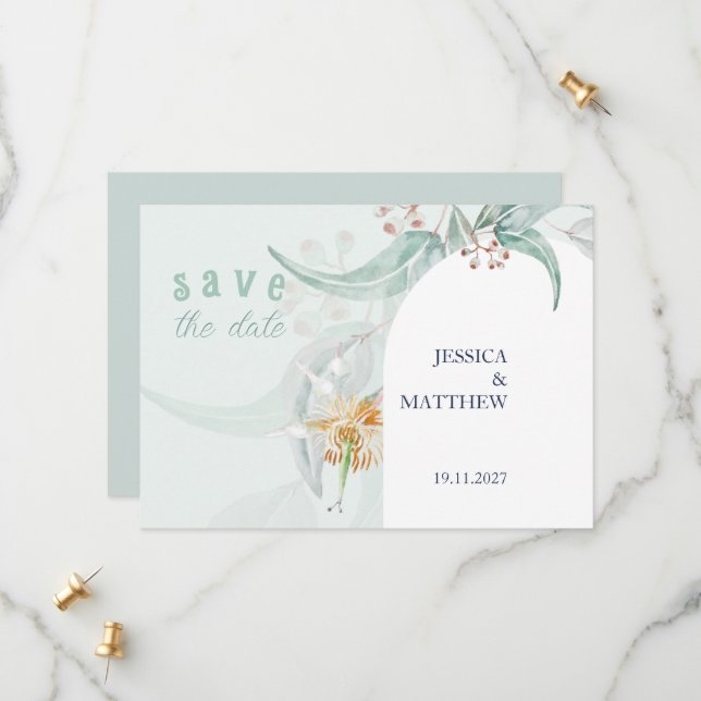 Save The Date Elégant Beau Mint Eucalyptus Aquarelle Art (Devant/Arrière en situation)
