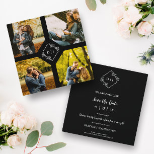 Save The Date Elegant Black 4 Photos Engagement Session de Deux