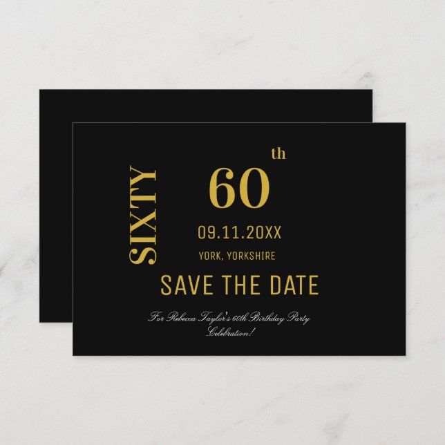Save The Date Elégant Black and Gold 60e anniversaire (Devant / Derrière)