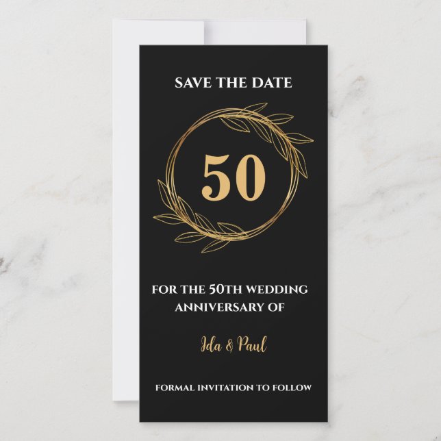 Save The Date Élégant Black Gold Feuilles 50e anniversaire Maria (Devant)