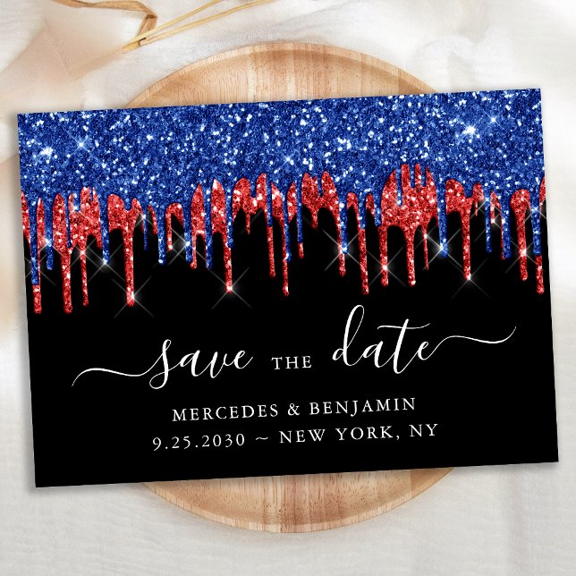 Save The Date Elegant Black Red Blue Glitter Drips Wedding (Créateur téléchargé)