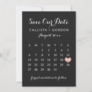 Save The Date Élégant Black Rose Gold Heart Calendrier