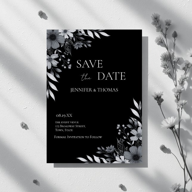 Save The Date Elegant Black & White Floral Hand-Drawn Wedding (Elegant Black & White Floral Hand-Drawn Wedding Save The Date)