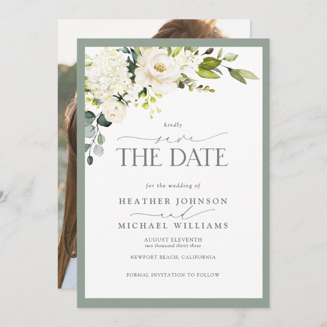 Save The Date Elégant blanc gris vert Aquarelle Mariage photo (Devant / Derrière)