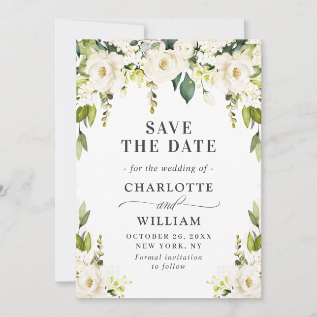 Save The Date Elégant blanc ivoire Roses Mariage verdoyant (Devant)