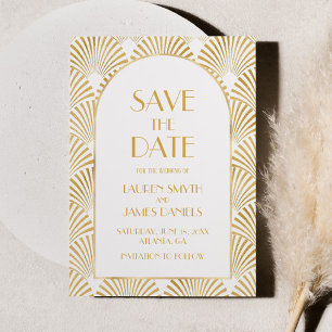 Save The Date Elégant Blanc Or Géométrique Mariage Art Déco