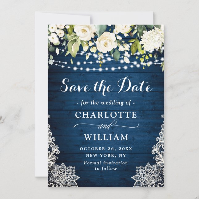 Save The Date Elégant blanc Roses dentelle Bleu Bois Rustique Ma (Devant)