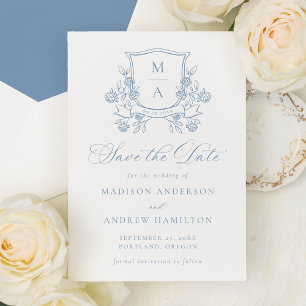 Save The Date Élégant blason floral bleu français pour mariage