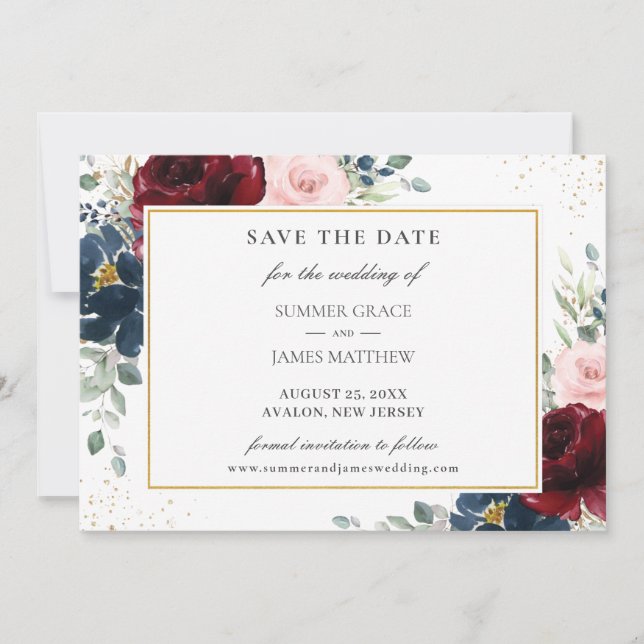 Save The Date Élégant Bleu Bleu Bleu Bleu Floral Rose Mariage (Devant)