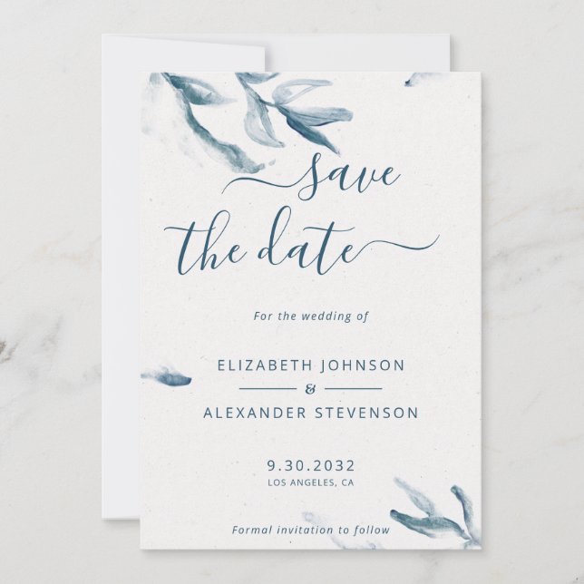 Save The Date Elégant bleu botanique aquarelle simple mariage (Devant)