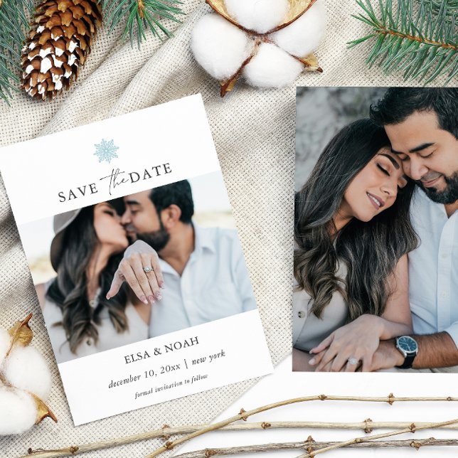 Save The Date Élégant bleu clair Snowflake deux photos mariage (Créateur téléchargé)