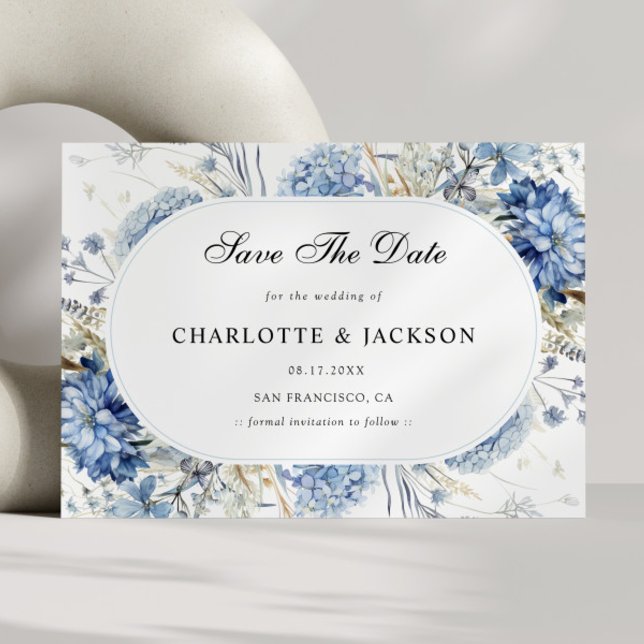 Save The Date Elégant bleu Fleur sauvage aquarelle Mariage flora (Créateur téléchargé)