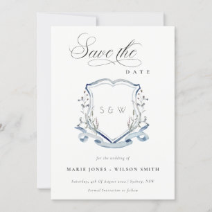 Save The Date Elégant bleu Fleur sauvage Aquarelle Monogram Cres