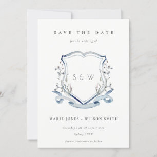 Save The Date Elégant bleu Fleur sauvage Aquarelle Monogram Cres