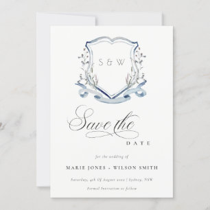 Save The Date Elégant bleu Fleur sauvage Aquarelle Monogram Cres
