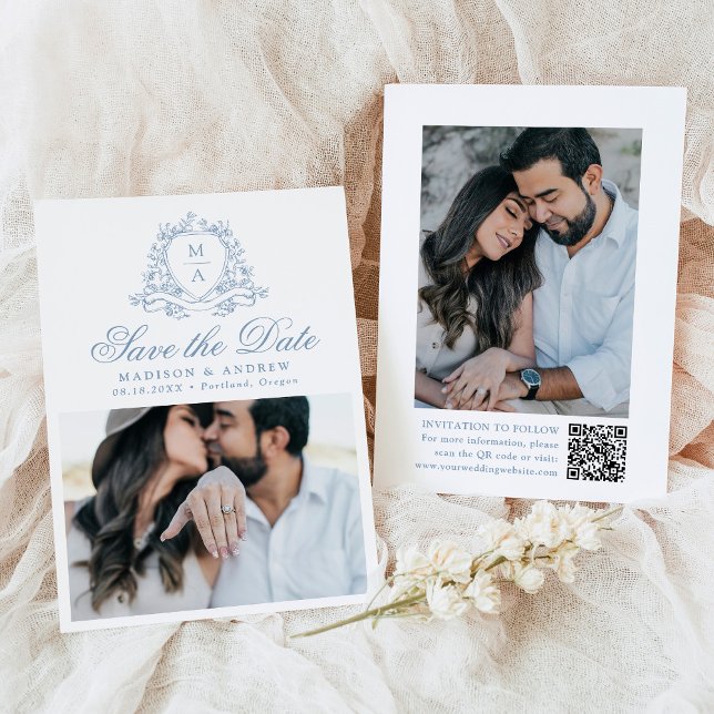 Save The Date Élégant bleu floral Crest Monogramme Mariage photo (Créateur téléchargé)